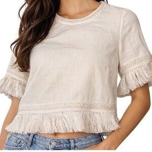 Boden Cream Fringe Trim Top US 2 Embroidered Laced Short Sleeve Boho Blouse